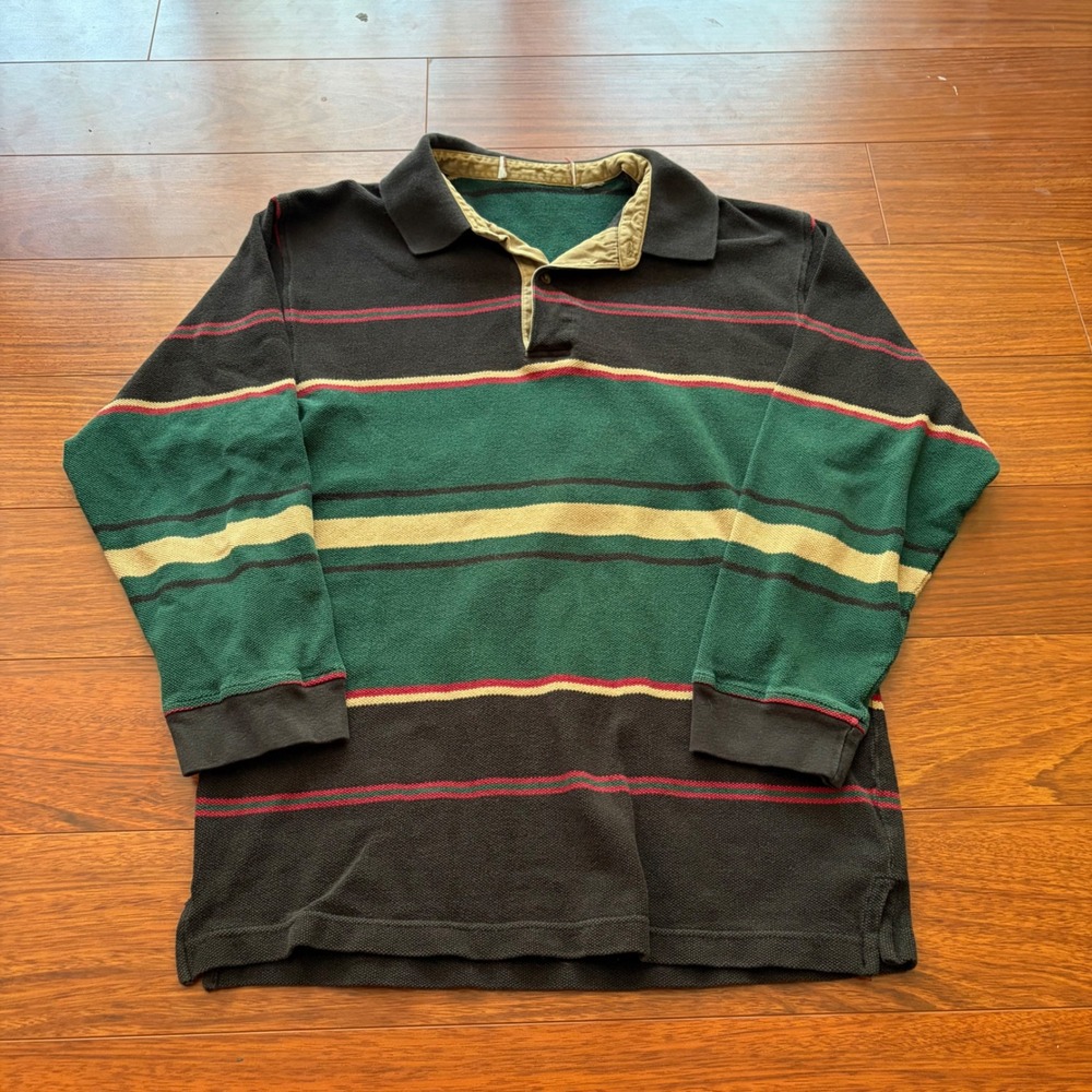 Vintage Striped Long Sleeve Rugby Polo Shirt Black Green Tan Streetwear XL